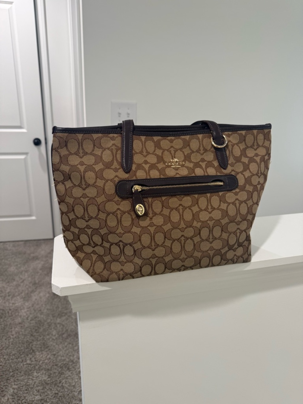 Coach Brown Signature Jacquard Tote with Dark Leather Trim